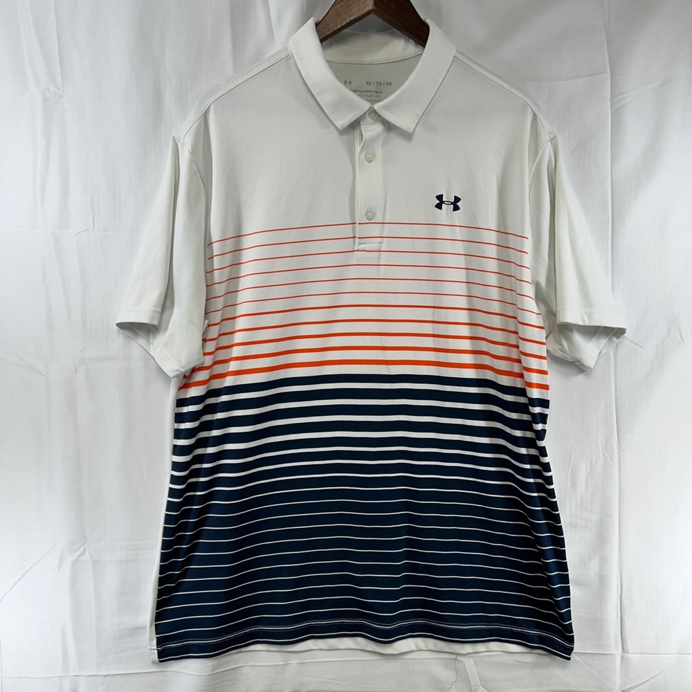 Under Armour Playoff Polo Mensโ XL White Orange Navy Striped 1327037